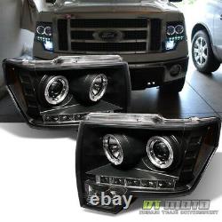 Black 2009-2014 Ford F150 LED Halo Projector Headlights withDaytime Running Lights