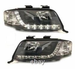 Black Headlights With Drl Daytime Driving Lights For Audi A6 C5 4b Estate Rhd