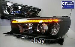 Black LED DRL Projector Head Lights Sequential Blinker for 15+ TOYOTA HILUX REVO