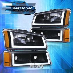 For 03-07 Chevy Silverado LED DRL Black Housing Amber Headlights + Bumper Lamps
