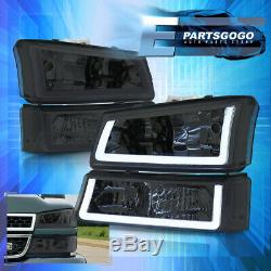 For 03-07 Silverado 4pcs LED DRL Smoked Lens Headlights + Parking Bumper Lamps