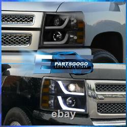 For 07-13 Chevy Silverado LED DRL Black Headlights + Smoked Tinted Tail Lights