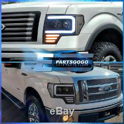 For 09-14 Ford F150 Black Clear LED DRL Tube Projector Headlights Lamps Pair