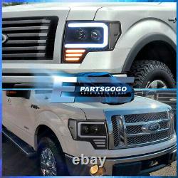 For 09-14 Ford F150 Black Clear LED DRL Tube Projector Headlights Lamps Pair Set