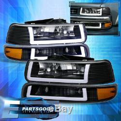 For 99-02 Silverado Tahoe LED DRL Black Housing Clear Amber Headlights Assembly