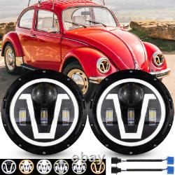 For VW Beetle 1967-1979 7 Inch Round LED Headlights Halo Angel Eyes DRL Light