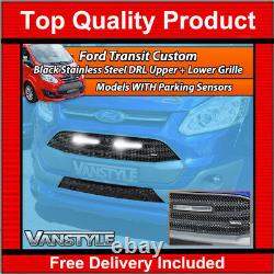 Ford Transit Custom Black Front Mesh Upper Lower Grille Led Drl Lights Not Fogs