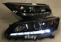 LED DRL Black Housing Amber Reflector Projector Headlight For 13 14 15 Accord