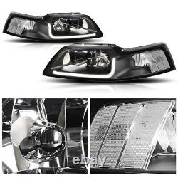 (LED DRL LIGHT BAR) Black/Clear Corner Headlight Lamps for 99-04 Ford Mustang