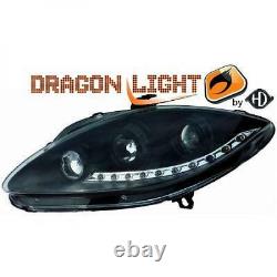 LHD Projector Headlights Pair LED Dragon DRL Lights Black For Seat Leon 04-09