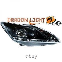 LHD Projector Headlights Pair LED Dragon DRL Lights Black Ford Focus II 07-11