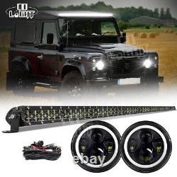 Pair 7 LED Headlights Halo DRL For Land Rover Defender + 52 LED Light Bar Wire