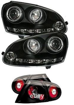 VW Golf Mk5 Black Angel Eye Headlights with DRL R8 strip and Black Rear Lights