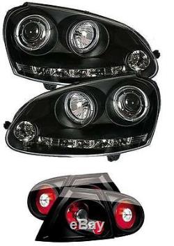 VW Golf Mk5 Black Angel Eye Headlights with LED DRL and Black Rear Lights