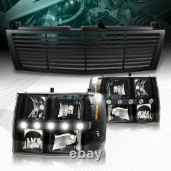 Black Housing Drl Led Head Lights + Grille Fit 99-02 Chevy Silverado 1500 2500