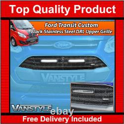 Ford Transit Custom Black Front Mesh Grille - Led Drl Lights Not Fog Chrome Lamp