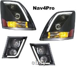 Nouveau 2004-2015 Volvo Vn Vnl Black Led Bar Drl Headlight + Fog Light Combo Set