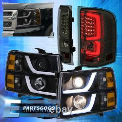 Pour 07-13 Chevy Silverado Led Drl Black Headlights + Smoked Tinted Tail Lights